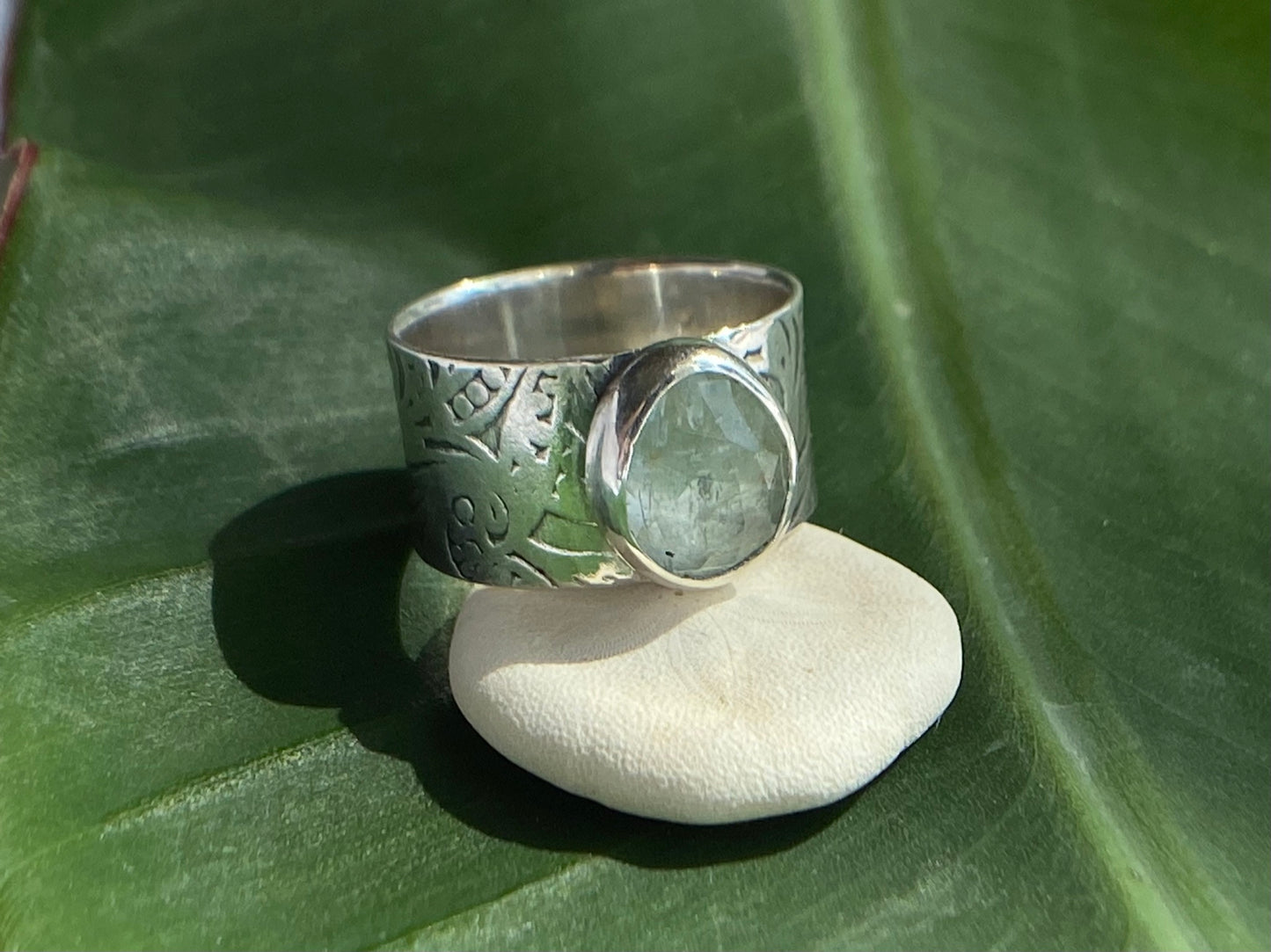Stormy Seas Wide Band Ring with Aquamarine Moss