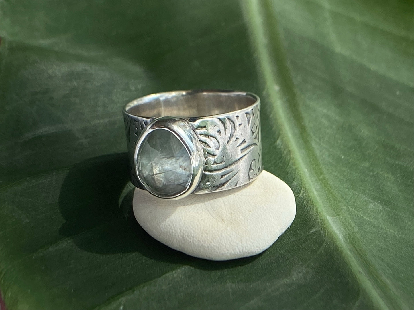 Stormy Seas Wide Band Ring with Aquamarine Moss