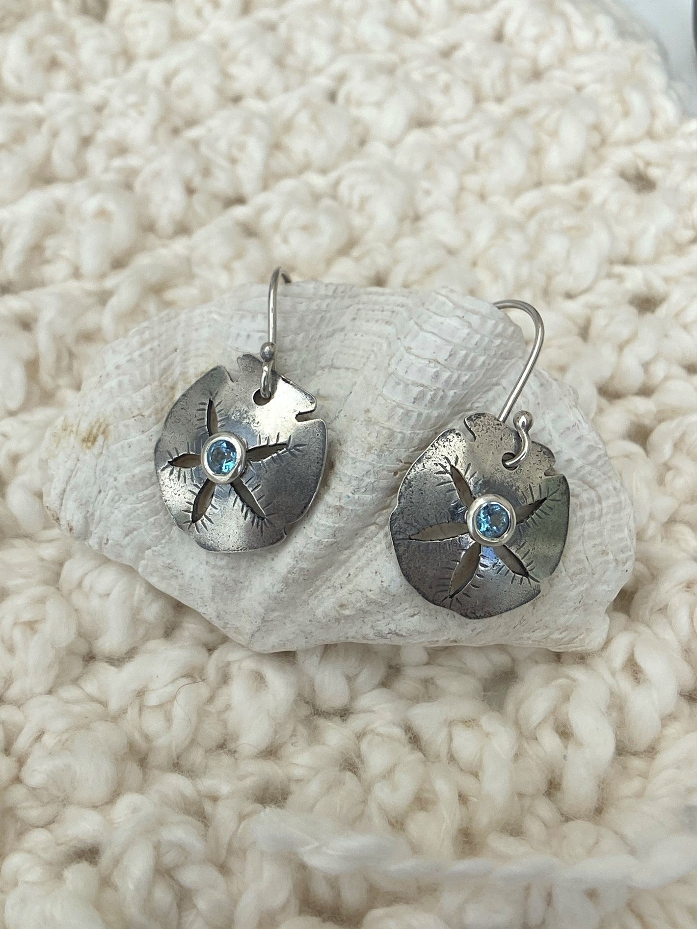 Sand Dollar Earrings with Ice Blue Topaz