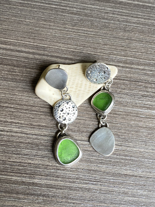 Three Tier Stud Earrings with Seaglass