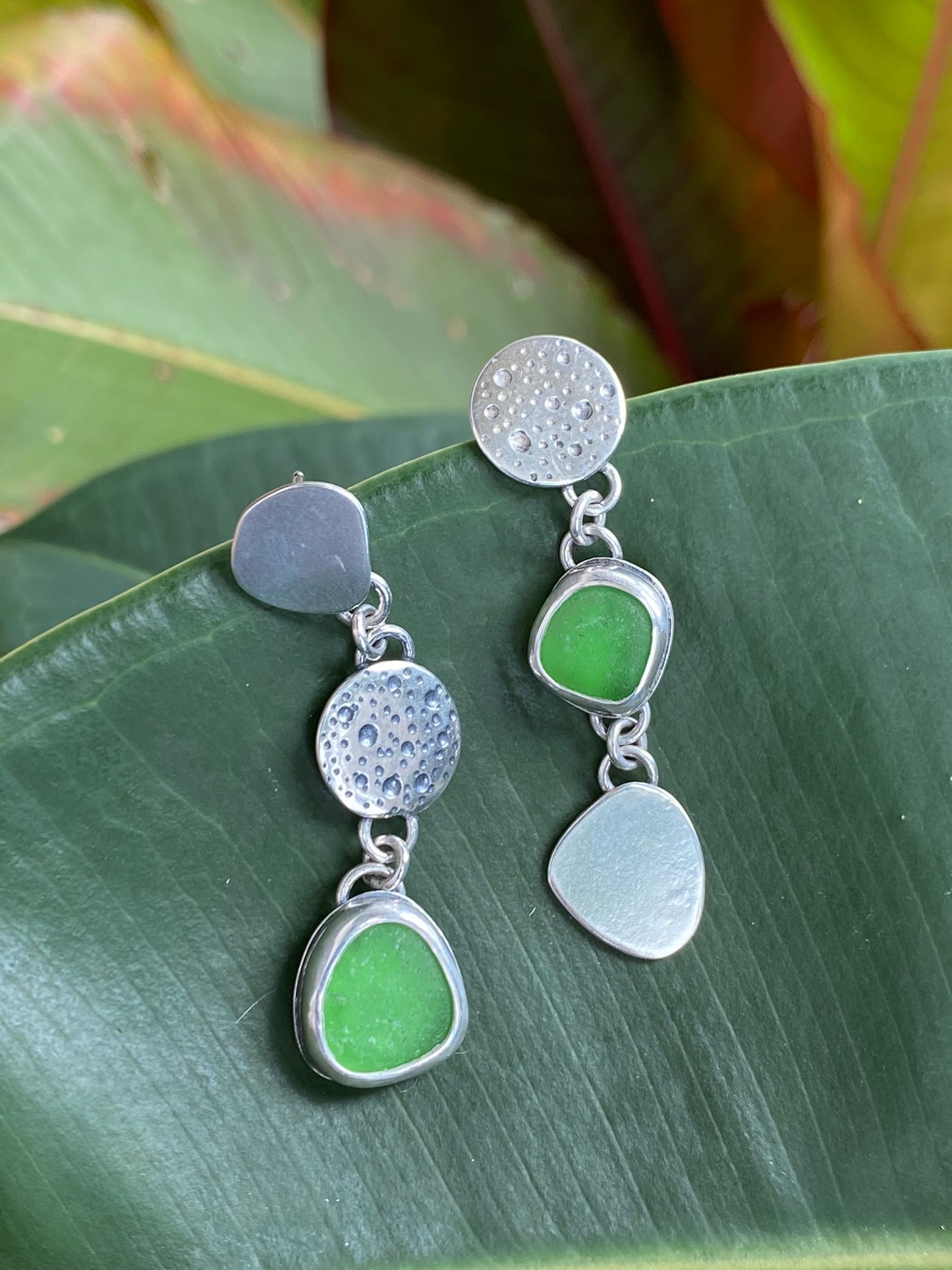 Three Tier Stud Earrings with Seaglass